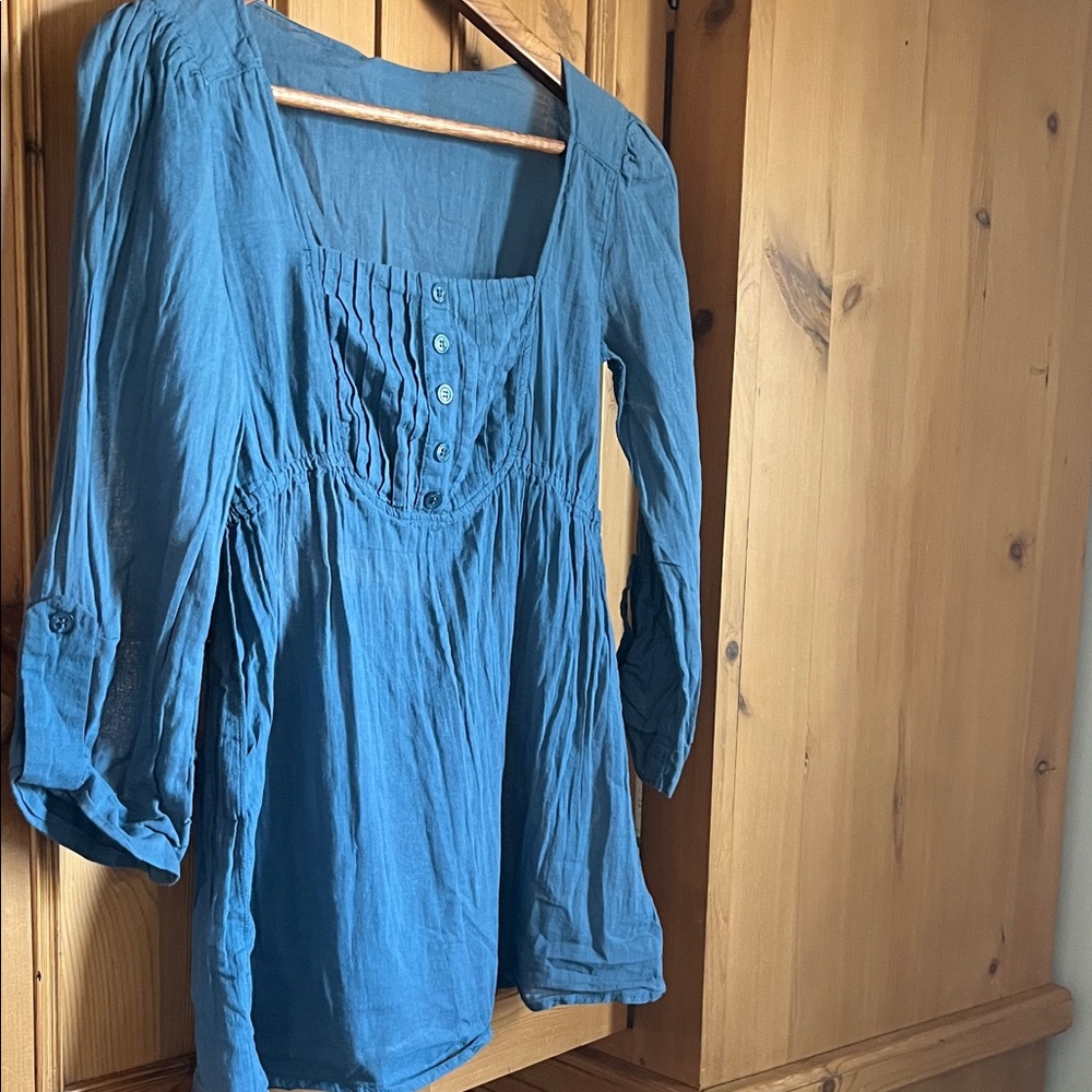 Cottage core Milkmaid style 100% Cotton Blue Women's Pintuck Peasant Top S/Xs